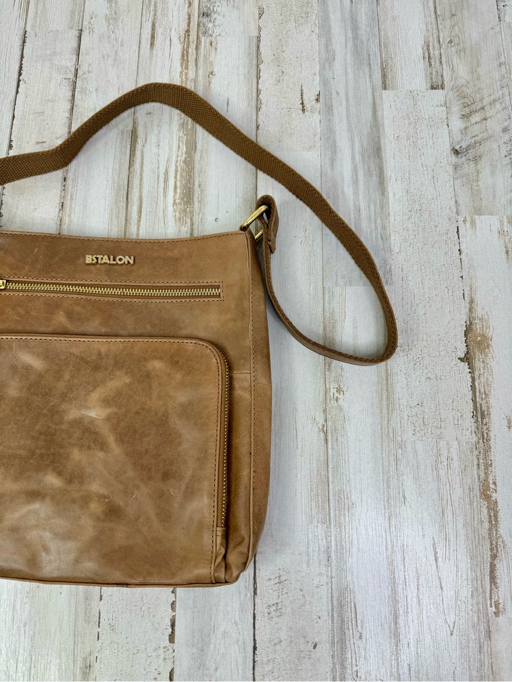 Estalon Brown Genuine Leather Crossbody Messenger Bag Zip Top Adjustable Strap - Picture 2 of 10